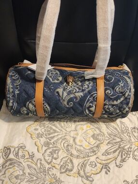 Kurt Geiger Blue Paisley Quilted Denim Barrel Bag